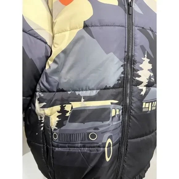NEW Reason Scenic Puffer Jacket Hooded Cabin Mountain Car Outdoor Print Men XXL